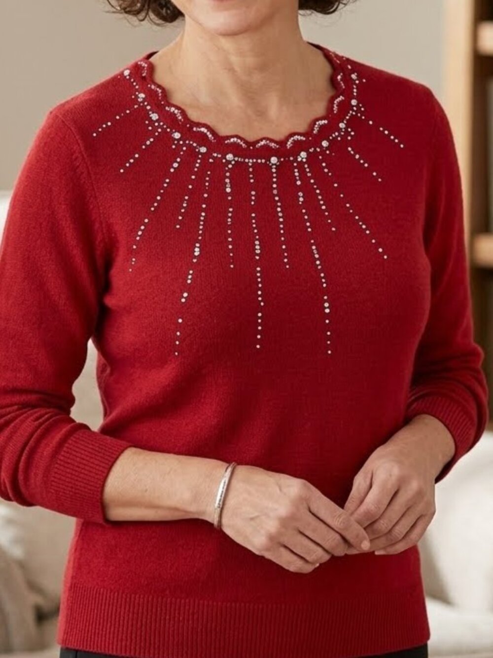 Elexa Women's Red Sweater Size M/L Wool Blend Crewneck Scalloped Neckline